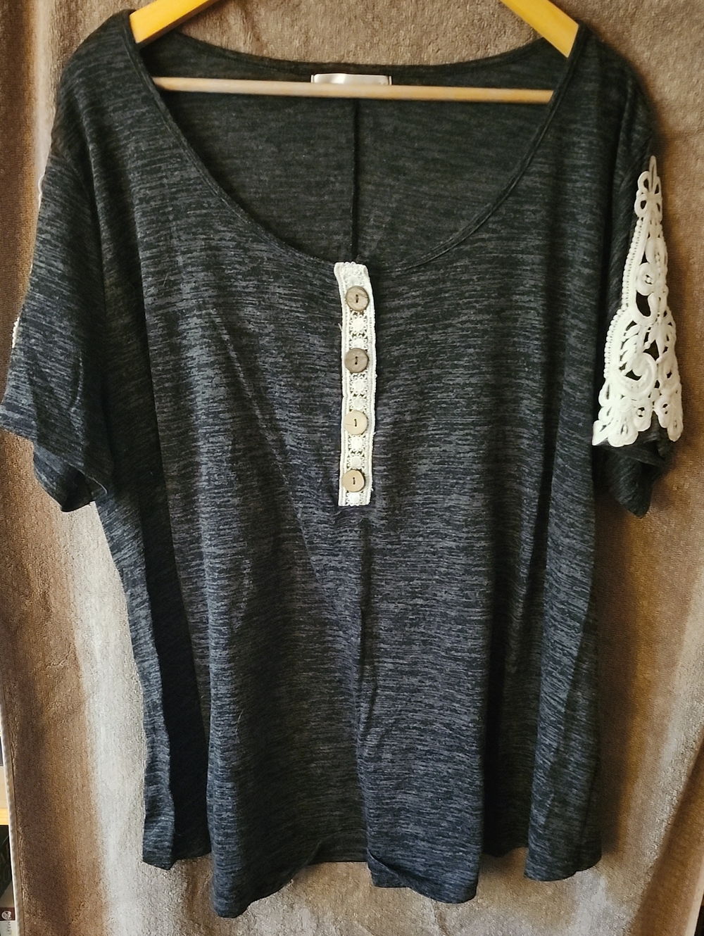 Women's Dark Gray Henley Top with White Lace Sleeve Detail